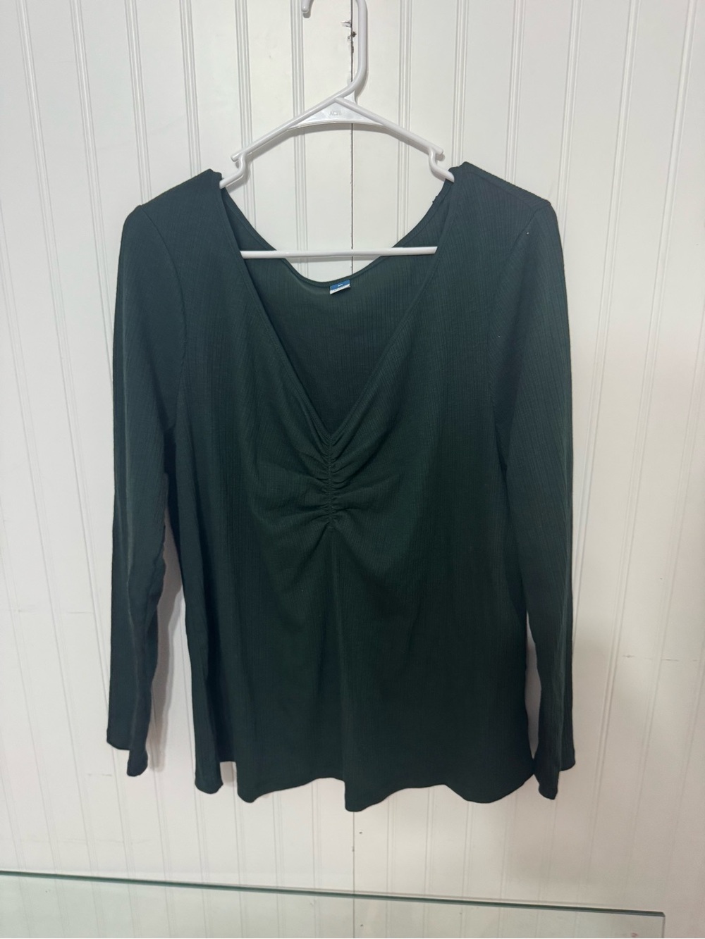 Old Navy Dark Green V‑Neck Long Sleeve Top with Front Ruched Detail